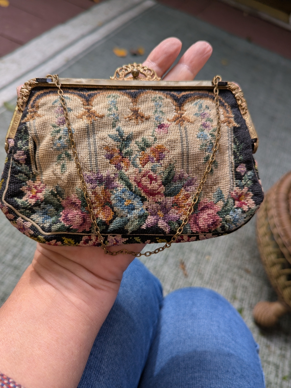 Petit Fluer Vintage Floral Tapestry Evening Clutch w Onyx Mother Of Pearl Detail